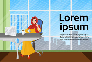 Muslim Business Woman In Traditional Clothes Working At Laptop Computer In Modern Office Vector Illustration