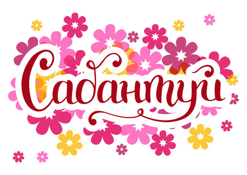 Handwritten calligraphy lettering of Sabantuy in cyrillic in pink with white outlines on colorful background with pink and yellow flowers for national bashkir and tatar summer festival, advertisement