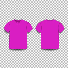 Purple men's t-shirt template v-neck front and back side views.