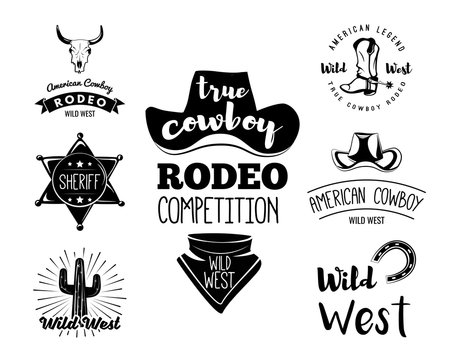 Wild West. Set of vintage rodeo emblems, labels, logos, badges and designed elements. Western USA label about American History.