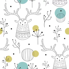 Behang Baby hert Vector naadloos patroon in Scandinavische stijl. Herten in het bos. Kinderprint, schattige achtergrond