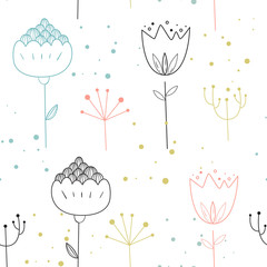 Vector seamless pattern in Scandinavian style. Lovely flowers and plants. Children's print, cute background.