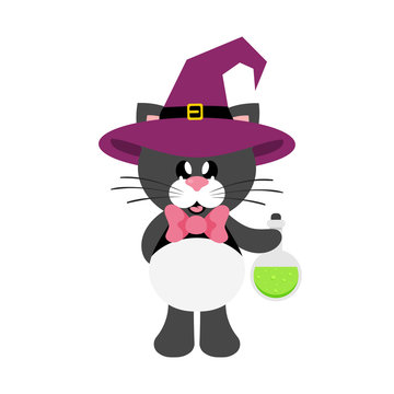 cartoon cute cat black with tie in witch hat with magic potion