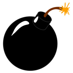 A classic cartoon style black round bomb lit on the end and ready to explode!