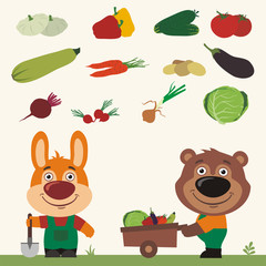 Set of isolated vegetables: squash, peppers, cucumbers, tomatoes, zucchini, carrots, potatoes, eggplant, beets, radishes, cabbage, onions. Funny rabbit and bear farmers.