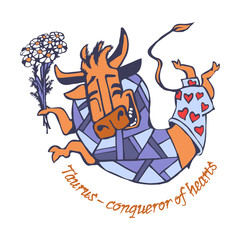 Taurus Conquering Hearts joyful smiling happy made a leap with a bouquet of flowers of chamomiles