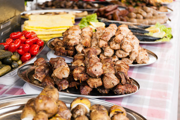 BBQ beef and pork meat chop slices. Shish kebab.