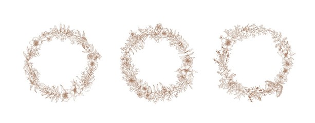 Bundle of vintage wreaths or decorative round floral frames made of blooming flowers hand drawn with contour lines on white background. Set of circular natural design elements. Vector illustration.