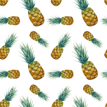 Watercolor tropical seamless pattern with bright pineapples. Juicy pattern for wallpapers, web page backgrounds, fabric and other products.