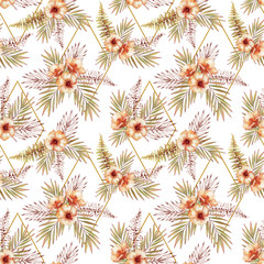 Tropical seamless pattern with watercolor and outline elements. Trendy pattern of hibiscus flowers, leaves and golden rhombus for wallpapers, web page backgrounds, fabric and other products.