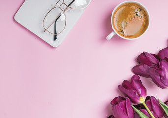 Beautiful purple tulips and coffee