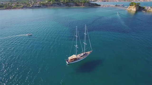 4K (UHD) Aerial view of a boat mooring in  Keri bay in Zakynthos (Zante) island, in Greece