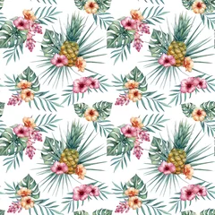  Watercolor tropical seamless pattern with pineapples, tropical flowers and leaves. Trendy floral pattern for wallpapers, web page backgrounds, fabric and other products. © svetazi