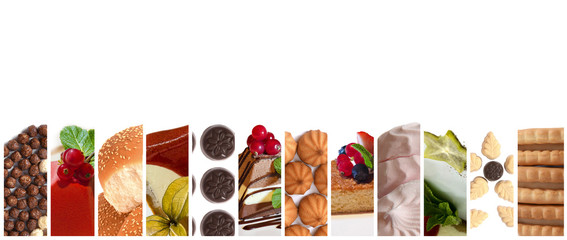 Sweets, dessert, candy and cookies on a white background. Desserts along the edge of the frame