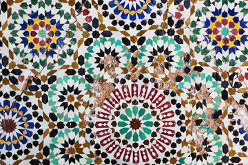 Beautiful ancient mosaic in many colors from Fes, Morocco.