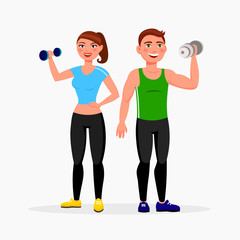 Fitness couple isolated on white background. Man and woman with dumbbells in good shape dressed in sportswear vector illustration in flat design style.