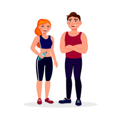 Fitness couple isolated on white background. Smiling man and woman in good shape dressed in sportswear vector illustration in flat design style.