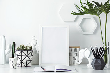 White interior decoration with patterned pots and plant