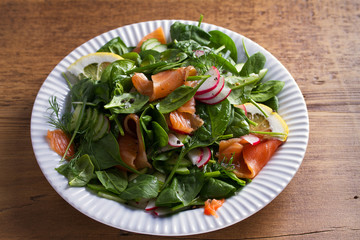 Healthy food: salmon spinach radish cucumber salad