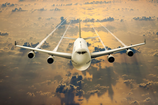 3D rendering of a passengers plane on flight over the clouds