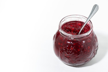 jar with cowberry jam on white background, top view