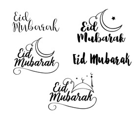 Eid Mubarak handwritten lettering set. Vector calligraphy with mosque isolated on white background for your design