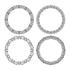 Calligraphic circle lace patterns, filigree round frame in monochrome design. Embroidery template. Delicate finegeometric patterns.