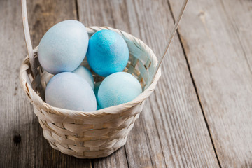 Beautiful easter eggs in blue tones. Selective focus. Shallow depth of field.