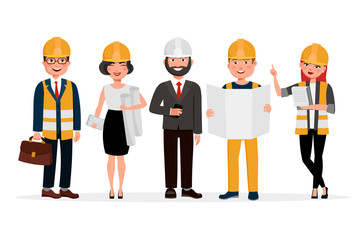 Engineers cartoon characters isolated on white background. Group of Technicians, builders, mechanics and work people vector flat illustration.