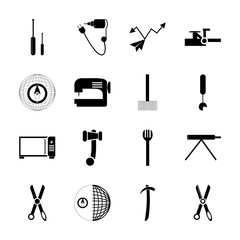 Fototapeta premium icon Instruments And Tools with repairing, tailor, machinery, black icon and cutlery