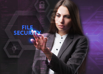 The concept of business, technology, the Internet and the network. A young entrepreneur working on a virtual screen of the future and sees the inscription: File security