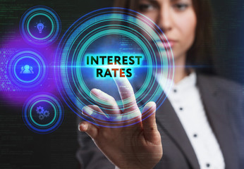 The concept of business, technology, the Internet and the network. A young entrepreneur working on a virtual screen of the future and sees the inscription: Interest rates