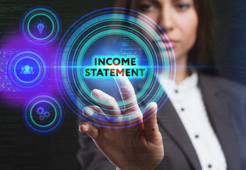 The concept of business, technology, the Internet and the network. A young entrepreneur working on a virtual screen of the future and sees the inscription: Income statement