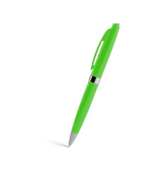 Green plastic ballpoint pen on a white background.