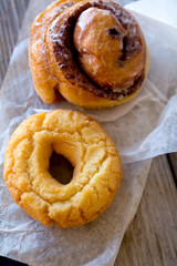 cake donut and cinnamon bun