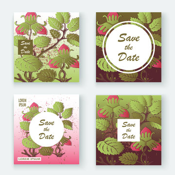 Strawberry pattern design templates product. Hand drawn red berry. Cute trendy dark background blossom greenery bush. Graphic illustration wedding, invitation, poster, card, cover, product vector