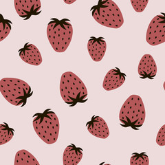 Berry seamless pattern with ripe strawberries on a pink background. Vector.