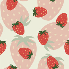 Berry seamless pattern with ripe strawberries on a green background. Vector.