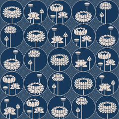 seamless vector blue japanese pattern with lotos flowers in circles. design for packaging, interior, textile