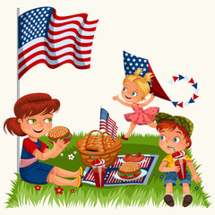 Mother with two children sitting on green grass in park or garden, picnic basket with food and american flags, woman and boy eating burgers in nature and drinking soda, girl enjoying holiday vector