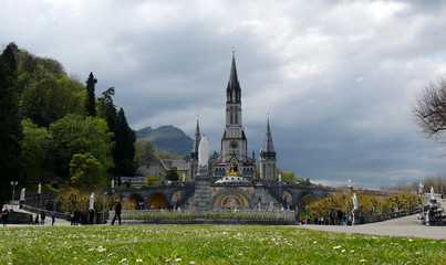 FRANCE, LOURDES. View of the cathedral in Lourdes