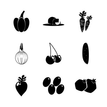 icon Fruits And Vegetables with cocuber, sweet cherry, carrots, garlic and lemon lime
