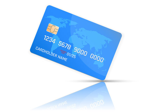 Realistic detailed credit card with the world map on blue background. Vector illustration design