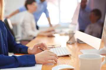 Woman working in office, closeup. Finance trading