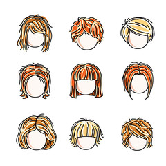 Collection of cute girls faces, vector human head flat illustrations. Set of red-haired and blonde teenage girls, little schoolgirls avatars clipart.