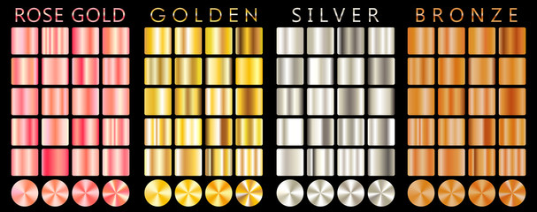 Rose gold, golden, silver, bronze gradient,pattern,template.Set of colors for design,collection of high quality gradients.Metallic texture,shiny background.Pure metal. - obrazy, fototapety, plakaty