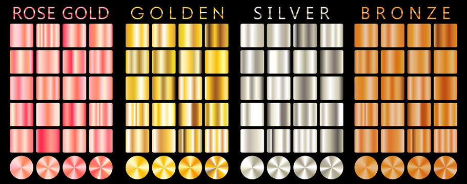 Rose gold, golden, silver, bronze gradient,pattern,template.Set of colors for design,collection of high quality gradients.Metallic texture,shiny background.Pure metal.