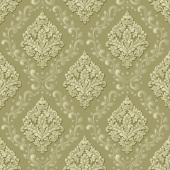 Vector volumetric damask seamless pattern background. Elegant luxury embossed texture for wallpapers, backgrounds and page fill. 3D elements with shadows and highlights.
