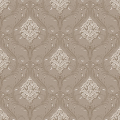 Vector volumetric damask seamless pattern background. Elegant luxury embossed texture for wallpapers, backgrounds and page fill. 3D elements with shadows and highlights.