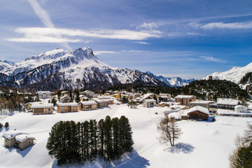 Village of Maloja, mountain valley in the Swiss Alps